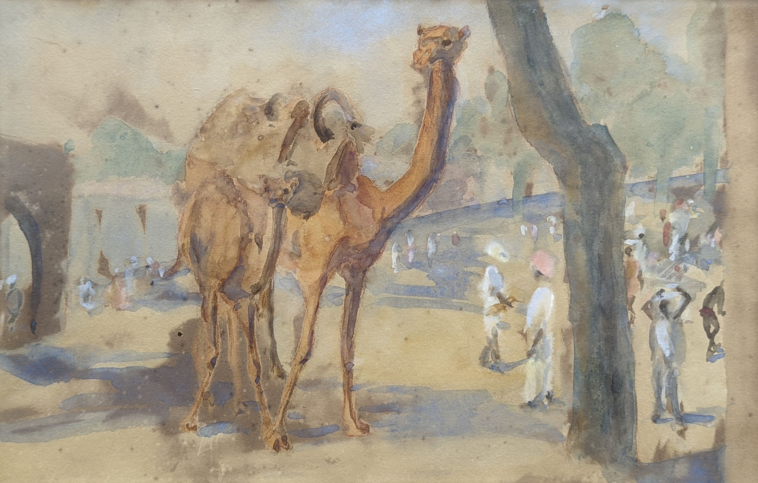 Anne Benthall (Exh.1919), watercolour, Camel and figures, North Africa, inscribed verso, 22 x 35cm